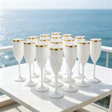 1/6/12pcs White Cups With Gold Rim Classic Stemmed Glasses, Various Quantities Available, Champagne And Cocktail Soft Acrylic Material, 5oz Ribbed Glassware Classic Cocktail Indoor And Outdoor, Suitable For Gatherings, Parties, Picnics, Evening Events - View 7
