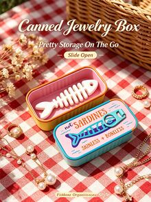 Vintage Sardine Mini Jewelry Storage Box With Fish Bone Divider, Mini Earring Box,Snap Closure Sealed Portable Jewelry Box,Rectangular Flip Top Metal Tin,Compartment Storage For Earrings, Rings,Necklaces, Suitable For Commuting,Short Trips, Dorm Desk - Multicolor - View 7
