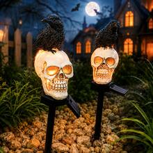 1pc Halloween Resin Solar-Powered Ground Stake Light, Crow And Skull Lantern, Suitable For Courtyard Landscape Decoration - Crow - View 1
