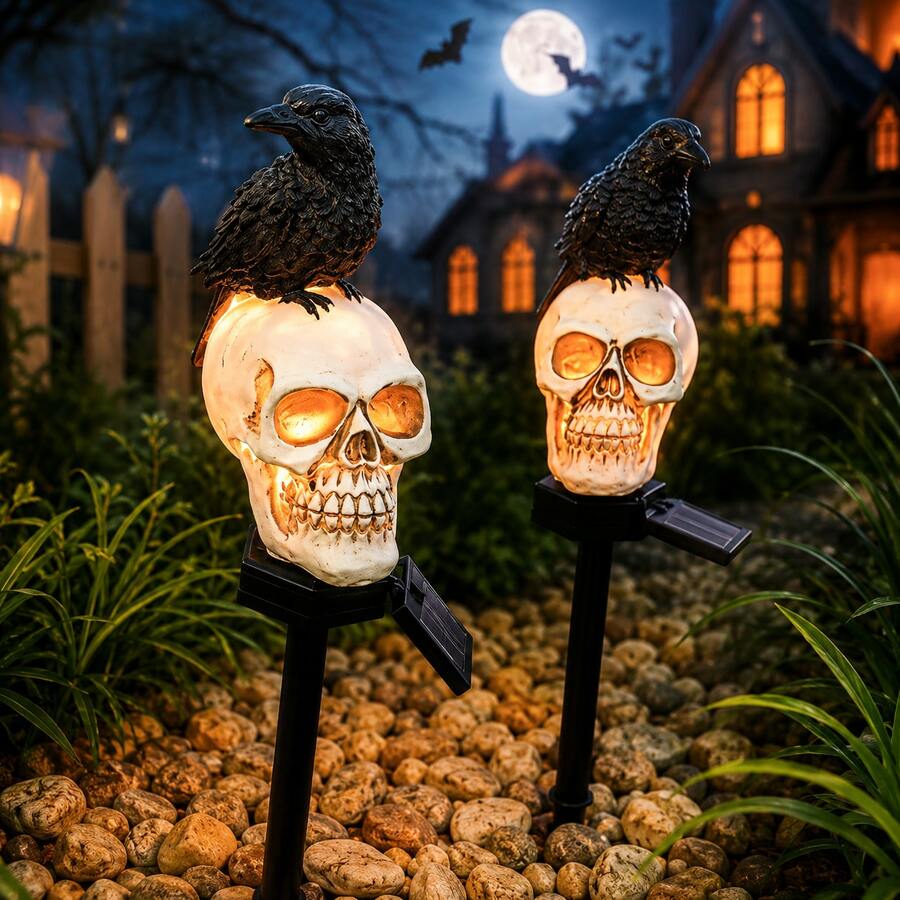 1pc Halloween Resin Solar-Powered Ground Stake Light, Crow And Skull Lantern, Suitable For Courtyard Landscape Decoration - Crow - View 1