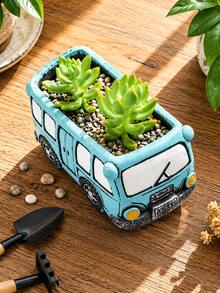 1pc Cute Vintage Bus Succulent Planter, Blue Resin Vintage Bus Flower Pot, Suitable For Small Plants, Creative Window Sill Flower Box, Suitable For Window Sill, Desktop, Garden And Home Decor, Gift For Plant Lovers - A - View 5