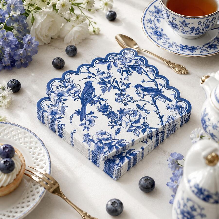 20/60PCS Blue White Bird Print Paper Napkins, Scalloped Edge Party Napkins, Elegant Table Decor For Wedding Birthday Dinner Dessert Table - Blue - View 1