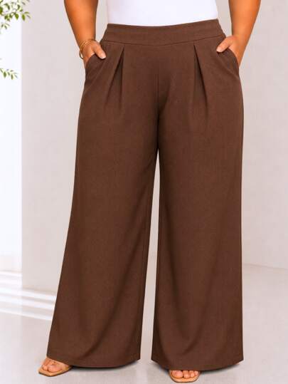 Calça Plus Size Pantalona Perna Larga Soltinha Cintura Alta com Bolsos Elegante Casual Dia a Dia