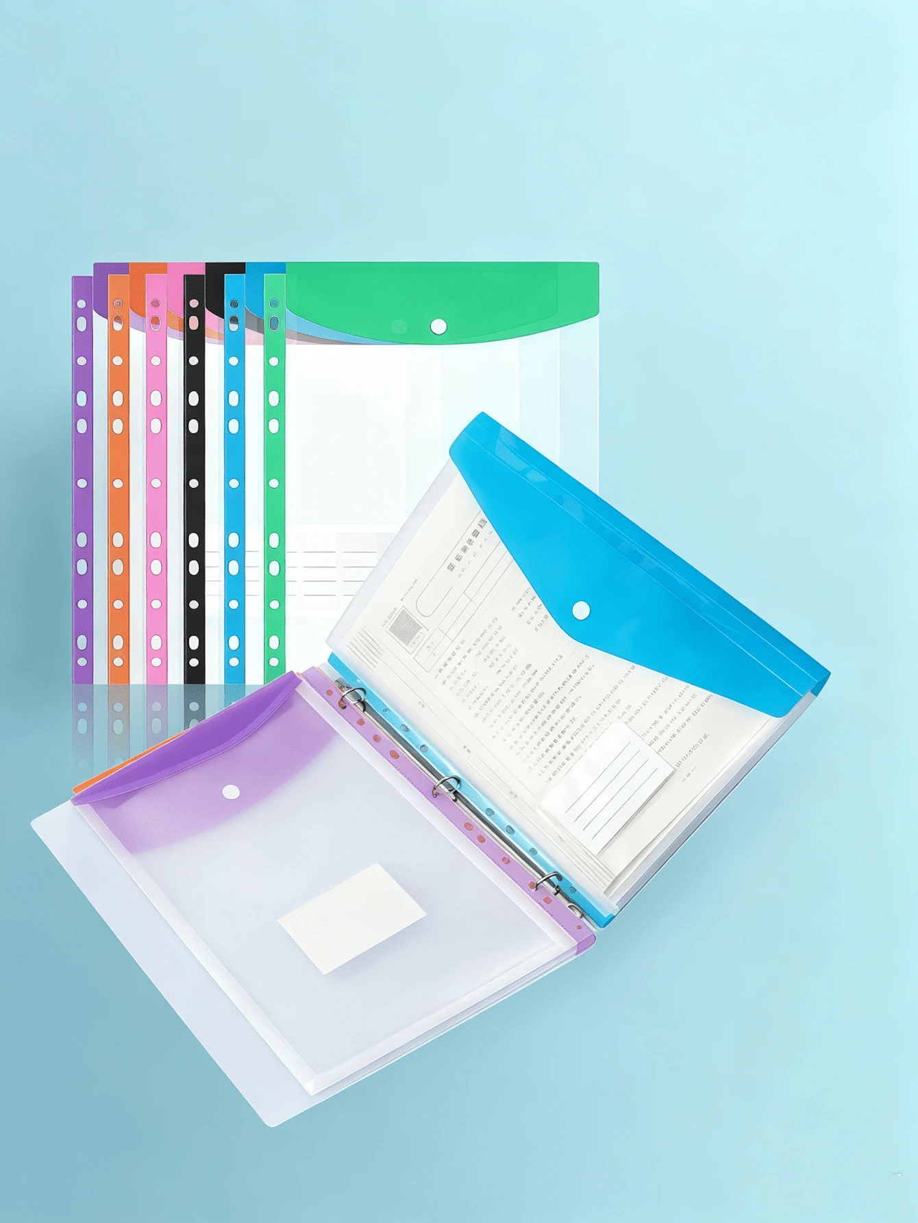 6pcs A4-11 Hole Loose Leaf Binder, PP Snap Closure Document Storage Bag, Suitable For Project, Office, School Supplies Document Organizer