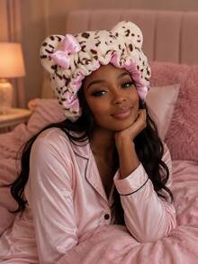 Women Leopard Print Plush Sleep Bonnet With Bear Ears & Bow, Satin Lined Thick Hair Bonnet, Ruffle Edge Night Hair Cap For Hair Care, Holiday Gift - Multicolor - View 2