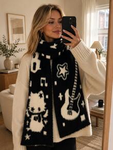 1pc Autumn Style Scarf Shawl, Winter Warm Skin-Friendly Neck Warmer, Black And White Plush, Suitable For Daily Wear - Multicolor - View 4