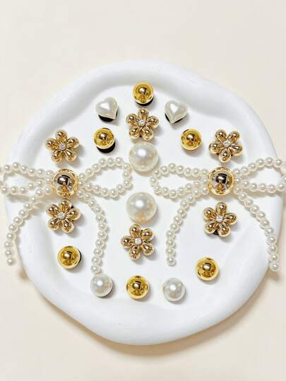 20pcs White & Gold Bow Flower Pearl Shoe Charms, DIY Decorative Accessories For Women's Clogs And Sandals, Perfect Gift Choice