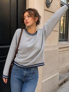 College Style Contrasting Striped Round Neck Knitted Sweater For Women's Autumn And Winter Casual Loose Daily Pullover Top Versatile - Grey - View 3