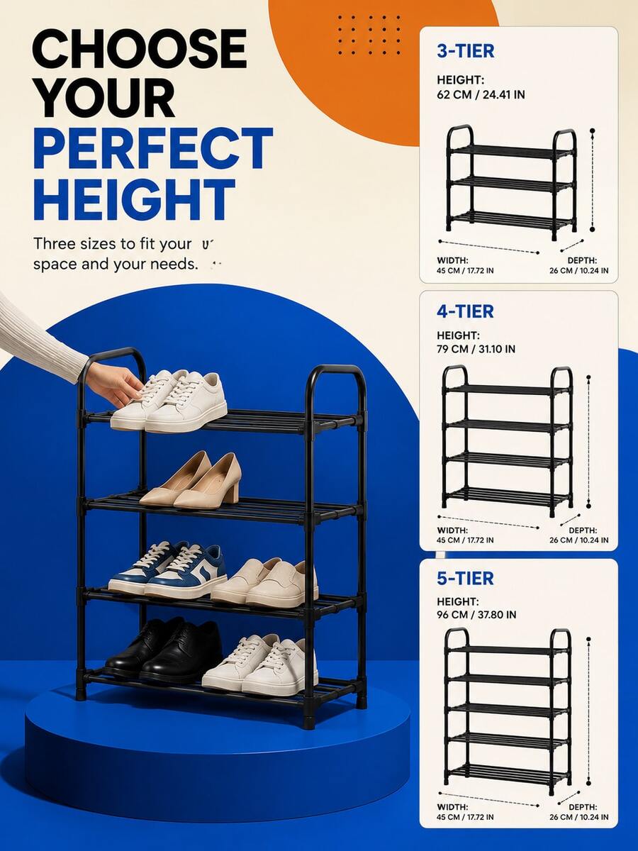 1pc Multi-Layer Metal Shoe Rack, 3/4/5 Tiers Optional Shoe Storage Rack, Sturdy Open Design Shoe Shelf, Easy Assembly Space-Saving Shoe Organizer, Suitable For Entryway, Hallway, Bedroom Home Storage - Black - View 1