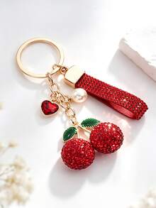 1pc Fashion Alloy Rhinestone Cherry Bag Charm, Clay Rhinestone Keychain, Crystal Inlaid Car Key Pendant, Women's Bag Decoration Accessory - Multicolor - View 8