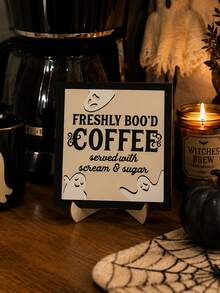 1 件万圣节咖啡吧装饰 - 木质幽灵咖啡杯桌面摆件，印有“Freshly Boo'd Coffee”（新鲜出炉的幽灵咖啡）字样，适用于派对、厨房、家庭咖啡角、家居装饰、客厅装饰、咖啡角装饰、秋季、万圣节 - 彩色 - 查看 2