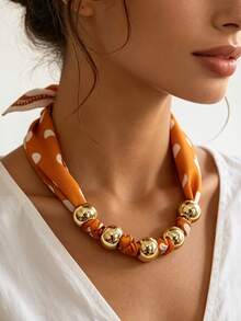 1pc Gold Beaded Polka Dot Scarf Necklace, Layered Silk Scarf Fashion Collarbone Chain With Metal Beads, Polka Dot Colorful Elegant Women's Necklace, French Vintage Party Accessory - Polka Dot Silk Scarf - View 11