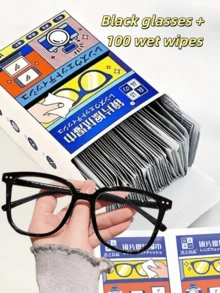 Eyewear Set, Black Glasses + 100pcs Cleaning Cloths. Eyeglass Cleaning Cloth, Eyeglass Cleaner, Lens Cleaning Cloth, Eyeglass Cleaning Cloth. Unisex - Fashion Campus Style, Transparent Black Frame, Face-Flattering Design. - A - View 1