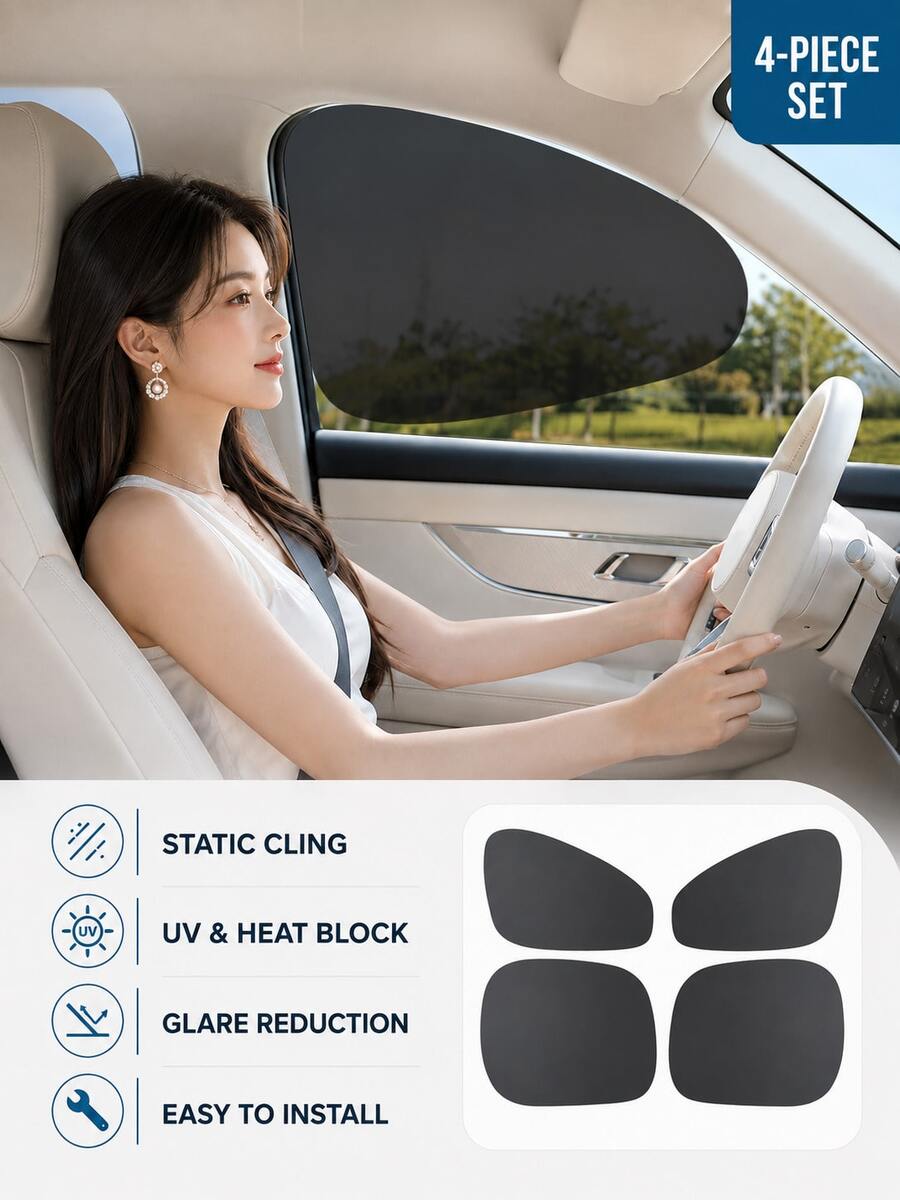 1 Set (4pcs) Front + Rear Static Adhesion Car Window Sunshade Stickers, Universal Side Window UV Protection Privacy Shade Film - Car Window Curtains - View 1