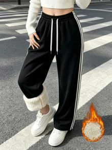 Women's Winter Casual Sports Fleece Lined Long Pants, Multi-Functional Sports Pants, Suitable For Daily Wear, Running, Cycling, Ball Games And Fitness - Black - View 3