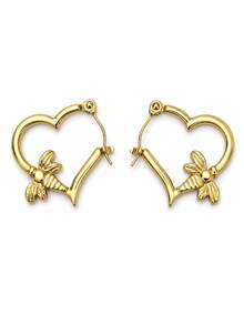 6 Pairs Gold Stainless Steel Earrings Set For Women, Heart Bee Geometric Hoop Statement Earrings, Vintage Boho Jewelry For Daily Wear Party Gift - Gold - View 14