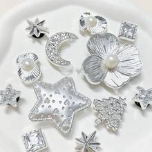 12pcs Silver Shoe Charms (Large Flower, Star, Moon, Christmas Tree, Shell, Square Rhinestone) Suitable For Women's Ballet Style Perforated Slippers And Sandals DIY Decoration, Perfect Fashion Accessory - Silver - View 2