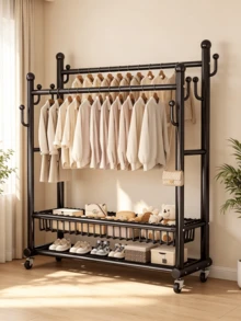1pc Double‑Layer Metal Garment Rack‑Double Rod Clothes Drying Rack With Wheels, Equipped With Storage Basket And Hooks, Large Capacity, Stable Structure, Space‑Saving,Freestanding Clothes Hanger,Suitable For Bedroom,Living Room,Entryway,And Dormitory - Multiple Specifications - View 4