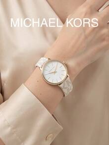 MICHAEL KORS MK1037 Pyper Series Women's Quartz Watch Gold Case With Rhinestone Bezel White Dial  Logo Print Strap Two-Hand Minimalist Luxury Women's Watch - White - View 4