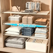 1 Pc Drill‑Free Expandable Wardrobe Storage Shelf, Black Iron Structure, No Drilling Needed, Expands Cabinet Internal Storage Space, Suitable For Wardrobe Layering, Cabinet Organization And Entryway Storage - Multicolor - View 5