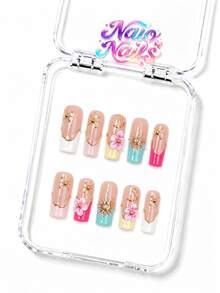 NAIO 10pcs/Set Y2K Handmade Press-On Nails, 3 Sizes Almond/Coffin/Short Square, Macaron Color French 3D Flower Gold Sun Metal Decor Fake Nails, Light-Cured, Salon-Grade Natural Nails, 10-Minute Quick Daily Wear (Includes Glue And Nail File) - Multicolor - View 16