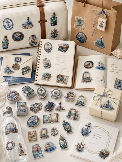 10 pezzi Adesivi nautici vintage, motivi vintage di barca a vela, faro, ancora e bussola, decorazione per scrapbooking, planner, diario, artigianato fai-da-te per diario di viaggio, accessori per confezioni regalo