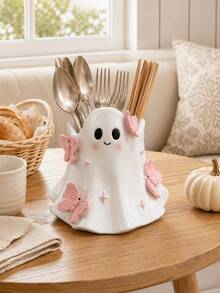Cute Ghost Cutlery Holder With Pink Butterflies, Halloween Utensil Organizer For Forks Spoons Chopsticks, Kitchen Countertop Tableware Storage, Dining Table Decor, Fall Home Decor, Housewarming Gift - Multicolor - View 10