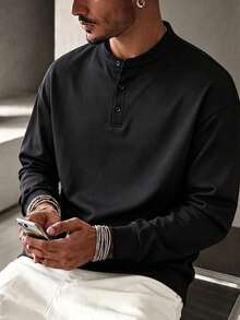 Men's Henley Collar Long Sleeve T-Shirt, Casual Loose Fit, With Button Placket, Daily Basic - Black - View 3