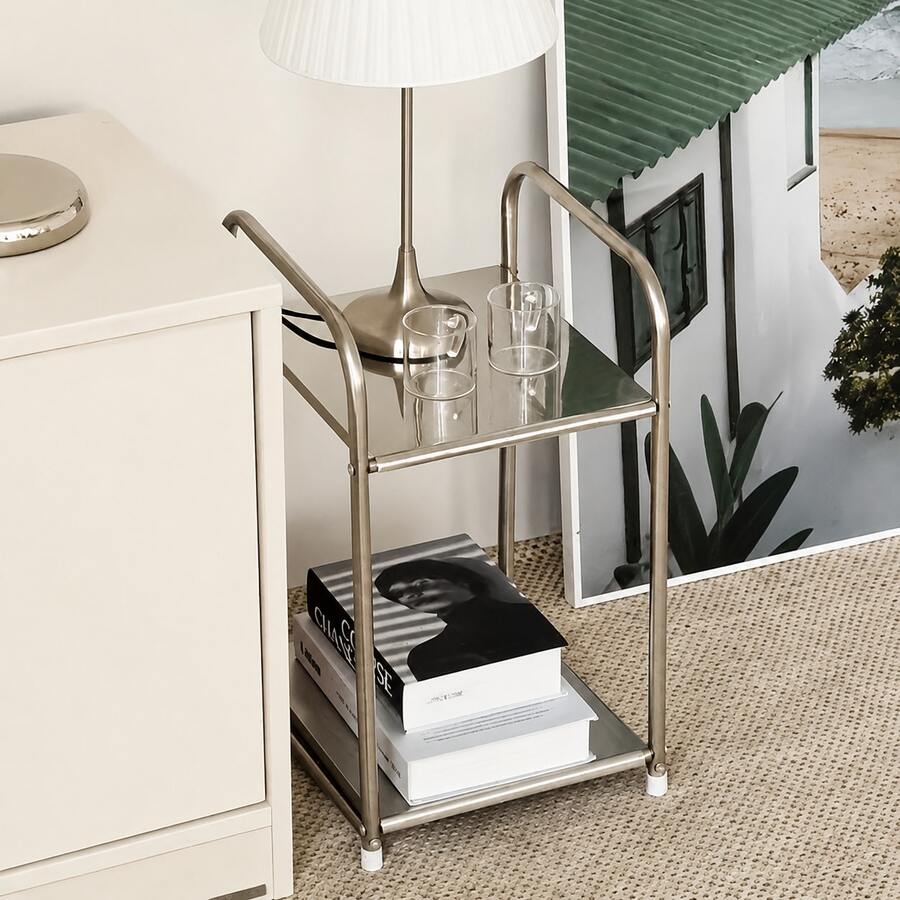 1pc Modern Stainless Steel Edge Bedside Table With Storage Space, Silver, Home Storage Rack, No Assembly Required, Height Under 27 Inches, Space-Saving Design, No Power Needed, Perfect For Sofa And Kitchen, Practical Shelf - Multicolor - View 1
