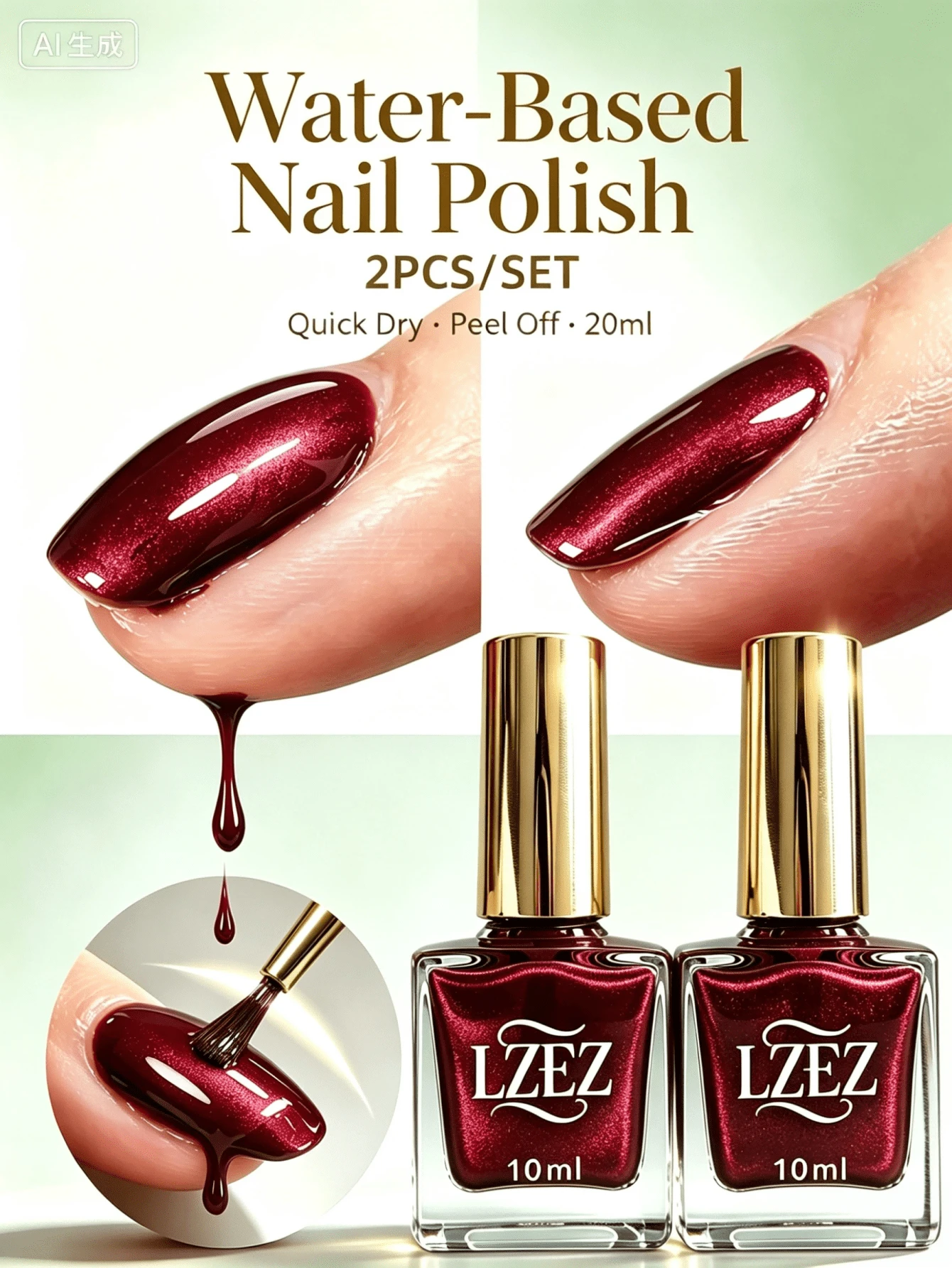 LZEZ Water‑Based Bright Top Coat 2‑Pack Total 20ml, Gloss Shine Nail Finish, Long‑Lasting Nail Surface Protection