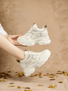 Women's Rhinestone Decor Chunky Sneakers With Inner Height Increase, Flexible Leather Upper, Durable Anti-Slip Thick Sole, Height-Enhancing Versatile Casual Sports Shoes For Petite Women - Beige - View 3