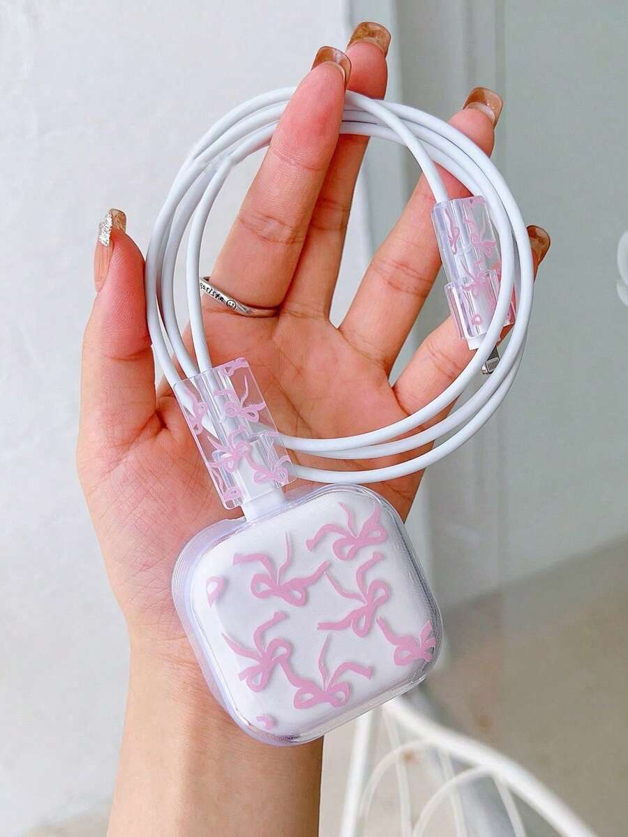 Cute Bow Charger Protector Case Suitable For UK 20W Fast Charging Adapter, Break-Proof Transparent Protective Cover For Phone, Triangular Plug Charger