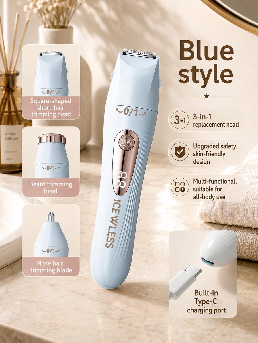 GENAI 3‑In‑1 Women's Electric Shaver, Rechargeable Hair Remover With Facial, Body & Nose Trimmer Heads, Painless Hair Removal Razor, Type‑C Charging Portable Grooming Tool - Multicolor - View 1