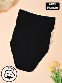 Teowryxou 4pcs Plus Size Women Black Ribbed Cotton Blend Mid Rise Triangle Panties, Soft Stretch Breathable Solid Briefs, Daily Underwear Pack - Black - View 3