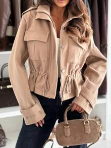 Women's Funnel Neck Short Jacket With Cinched Waist And Pockets, Suitable For Autumn/Winter Wear - Apricot - View 4