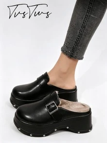 Vintage Penny Loafer Closed Toe Half-Slipper Women's Rivet Wave Thick Sole Backless Slouchy Mule Shoes - Black - View 1