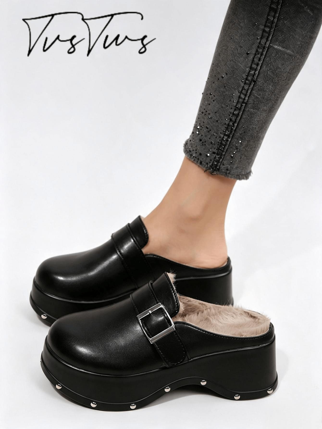 Vintage Penny Loafer Closed Toe Half-Slipper Women's Rivet Wave Thick Sole Backless Slouchy Mule Shoes - Black - View 1