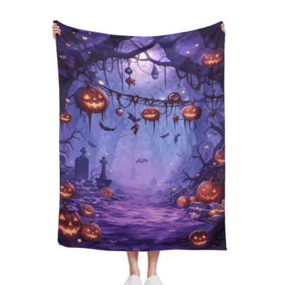Misty Purple Halloween Forest Throw Blanket, Hanging Jack O Lantern Bat Gravestone Print Soft Cozy Flannel Blanket