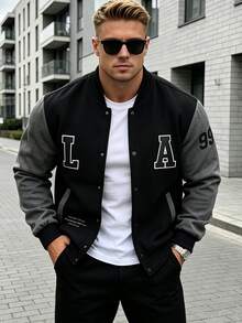 Fleece Men's Thin Fleece Letter Patchwork Baseball Jacket American Vintage Colorblock Casual Open Front Hoodless Sweatshirt - Black - View 2