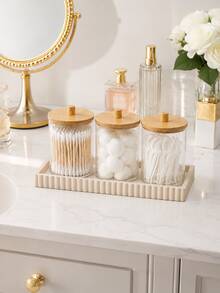 1/3/4-Piece Cotton Swab Storage Set – Plastic Canister With Lid (Suitable For Cotton Balls, Cotton Pads, And Swabs), Bamboo Bathroom Accessory, Bathroom Storage Jar With Lid - Multicolor - View 3