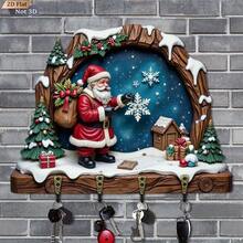 1PC 2D Flat Christmas Snow Scene Wooden Key Holder, With 4 Metal Hooks, Suitable For Wall Decor, Porch Decor, Room Decor, Villa Decor And Seasonal Home Decor, Wooden Key Rack - Multicolor - View 2