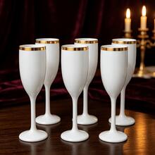 1/6/12pcs White Cups With Gold Rim Classic Stemmed Glasses, Various Quantities Available, Champagne And Cocktail Soft Acrylic Material, 5oz Ribbed Glassware Classic Cocktail Indoor And Outdoor, Suitable For Gatherings, Parties, Picnics, Evening Events - View 3
