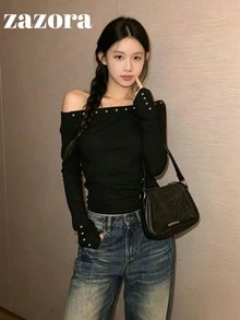 鉚釘不對稱肩鬆款長袖針織T恤底層上衣 初秋 - 黑色 - 查看 1