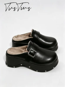 Vintage Penny Loafer Closed Toe Half-Slipper Women's Rivet Wave Thick Sole Backless Slouchy Mule Shoes - Black - View 4