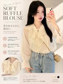 YEAE | Women's Solid Color Ruffle Collar Front Tie Long Sleeve Elegant Blouse - Cream - View 6