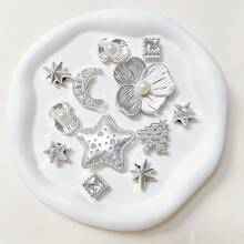 12pcs Silver Shoe Charms (Large Flower, Star, Moon, Christmas Tree, Shell, Square Rhinestone) Suitable For Women's Ballet Style Perforated Slippers And Sandals DIY Decoration, Perfect Fashion Accessory - Silver - View 3