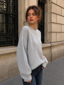 Women's Soft Ribbed Knit Long Sleeve Drop Shoulder Crew Neck Sweater, Casual Autumn Warm Knit Top - Light Grey - View 2