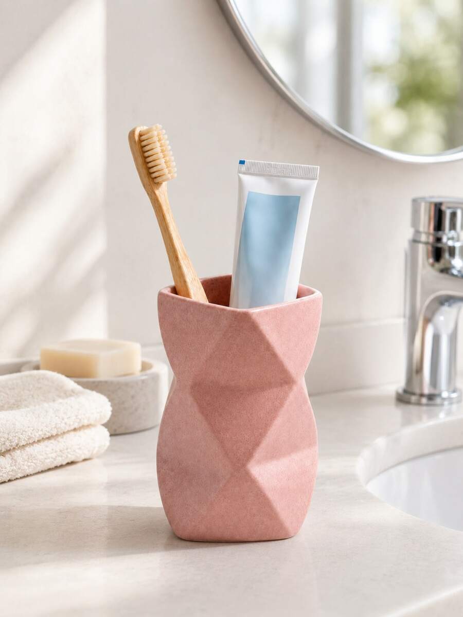 1PC Pink Geometric Bathroom Organizer, Open Top Makeup Brush Holder Or 4-Slot Toothbrush Holder, Modern Vanity Countertop Storage Cup For Makeup Brushes, Toothbrushes & Bathroom Essentials