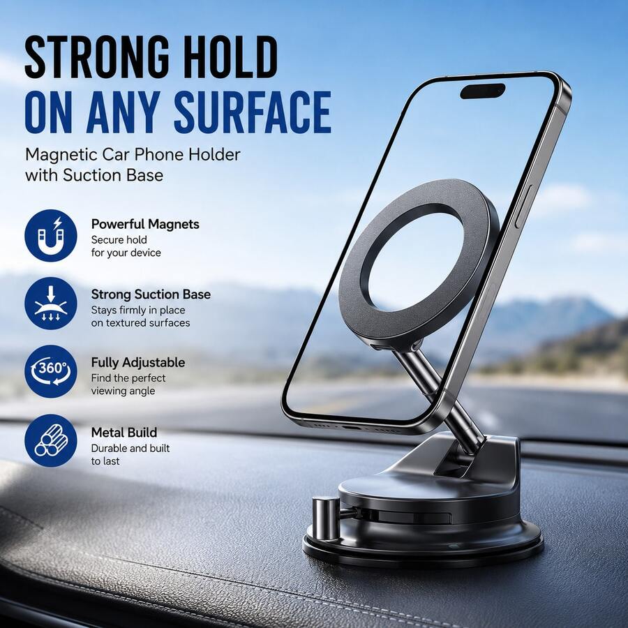2026 New 2-In-1 Vacuum Suction Cup Magnetic Car Phone Holder, Direct Adsorption To Dashboard Leather, Key Lock Suction Cup Base - Epoxy Magnetic Holder - View 1