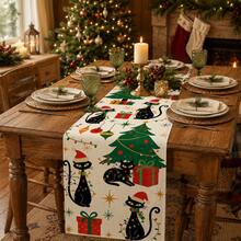 1pc Christmas Theme Table Runner, Christmas Tree & Black Cat Design - Durable Polyester Fabric, Suitable For Christmas Holiday, Home Decor, Theme Party And Gathering Style Decoration, Christmas Holiday Gift! - Multicolor - View 7